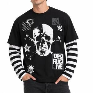 Social Collision Skull Graphic Striped Sleeve Long Sleeve Tee Men's Medium